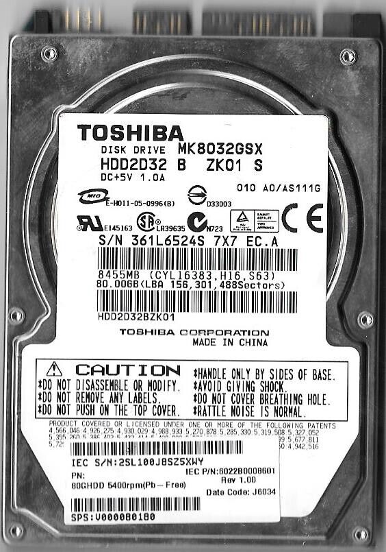 Toshiba MK8032GSX HDD2D32 B ZK01 S 80GB Sata Hard Drive