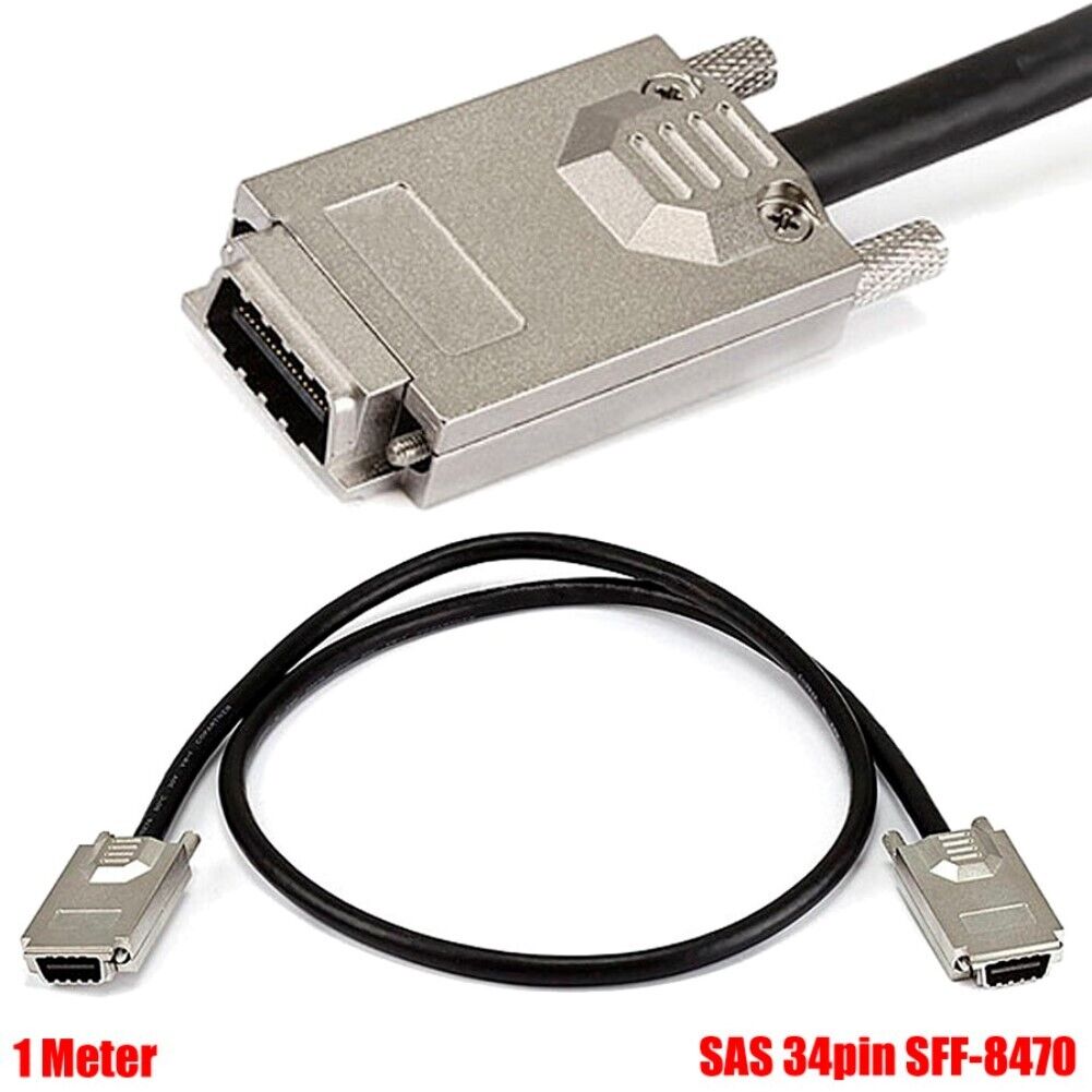 1M External SAS 34pin SFF-8470 Male to Male Data Cable w/ Thumbscrews 28AWG