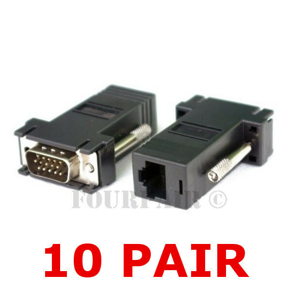 10 Pair (20 pcs) VGA SVGA to RJ45 Video Extender Adapter HD15 to CAT5e CAT6 100'