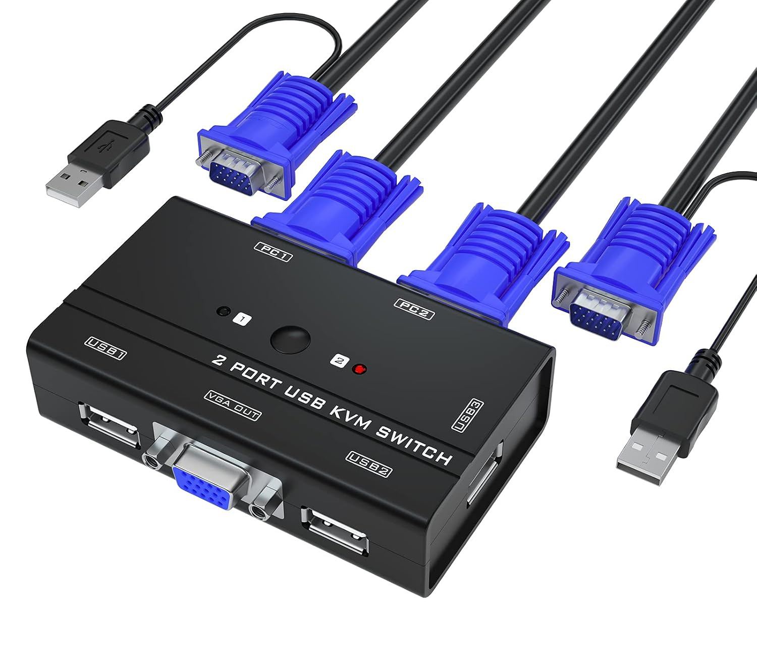 VGA KVM Switch, 2 Port USB VGA KVM Switch W/2 KVM Cables & 3 USB Hubs for 2 Comp