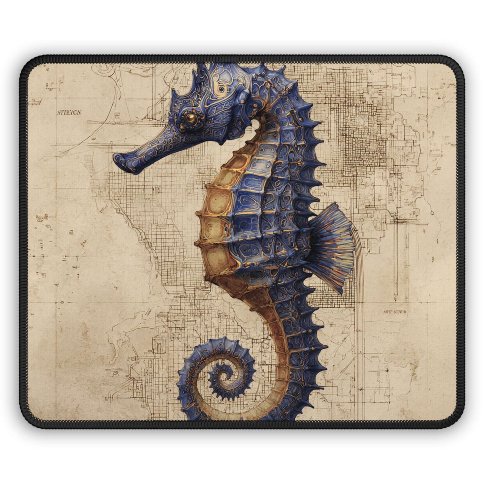 Vintage Blue Seahorse Gaming Mouse Pad | Nautical Ocean Map