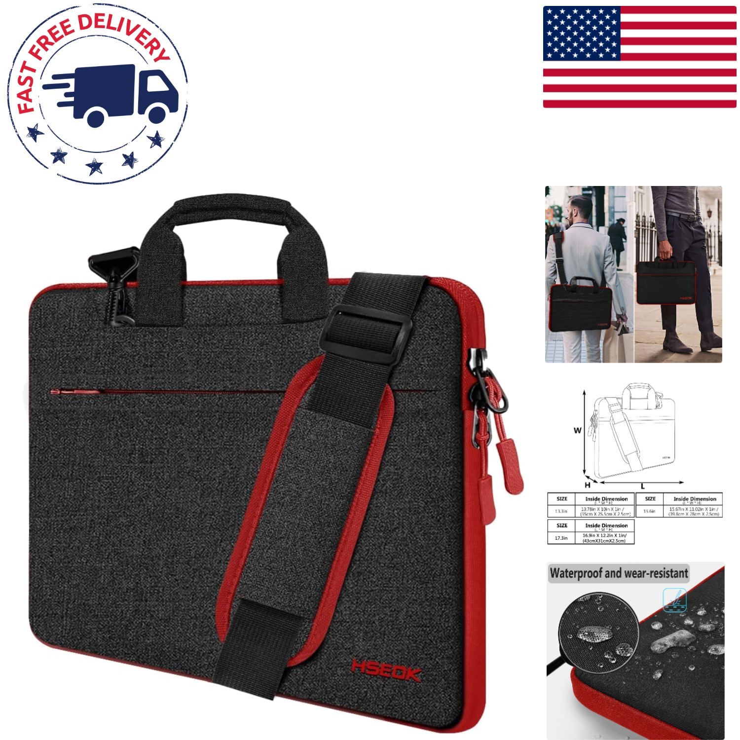Sleek Water-Repellent Laptop Shoulder Bag 15-16 Inches - Slim Black & Red Design