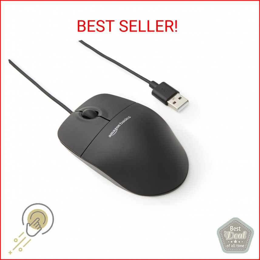 Amazon Basics 3-Button USB Wired Mouse with Responsive Tracking, Plug & Play, Co