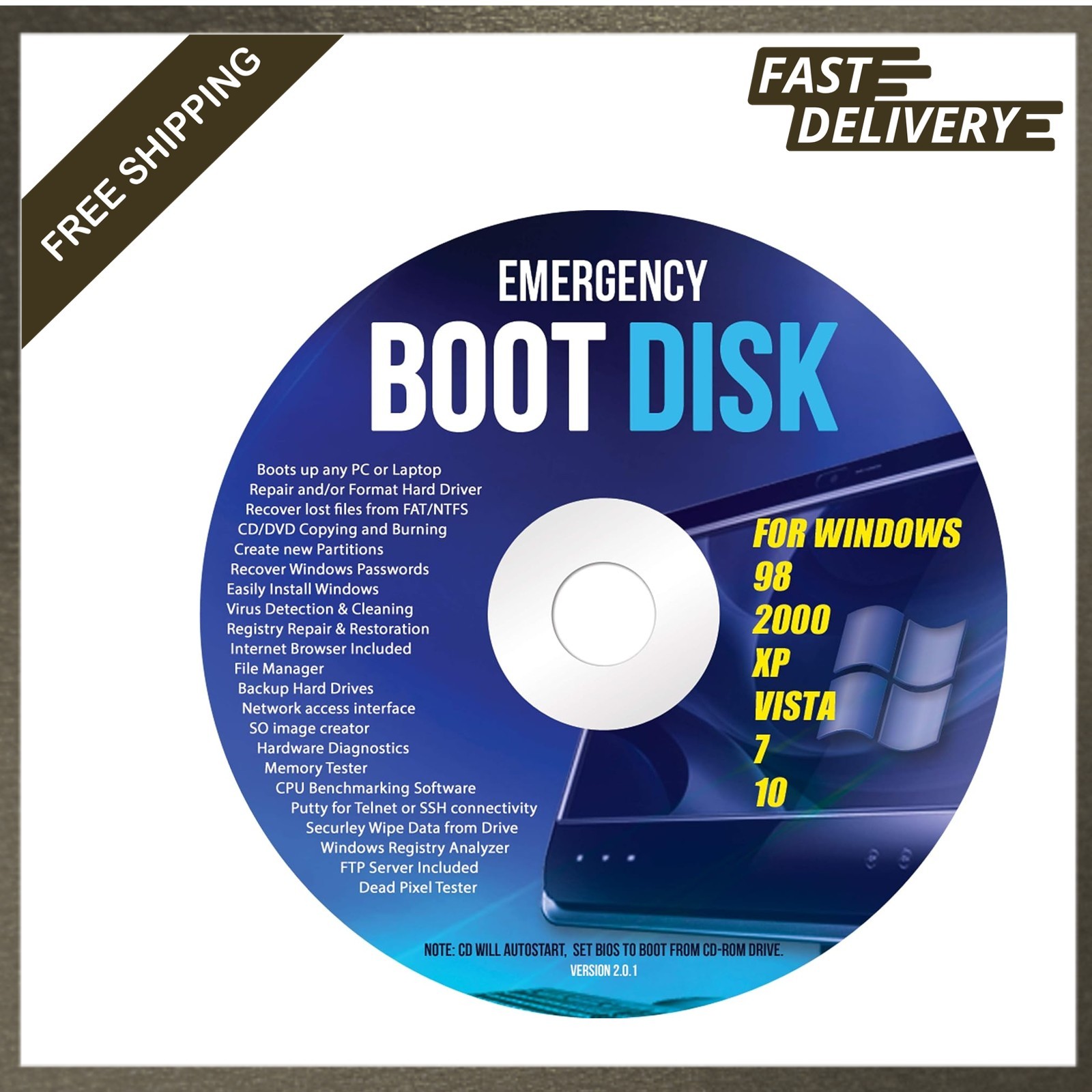 Windows Emergency Boot Disk for Windows 98, 2000, XP, Vista, 7, 10 PC Repair DVD