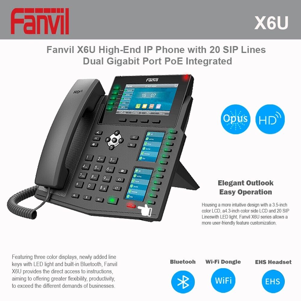 Fanvil IP Phone X6U 5 UNITS High-End with 20 SIP Lines Dual Gigabit Port PoE