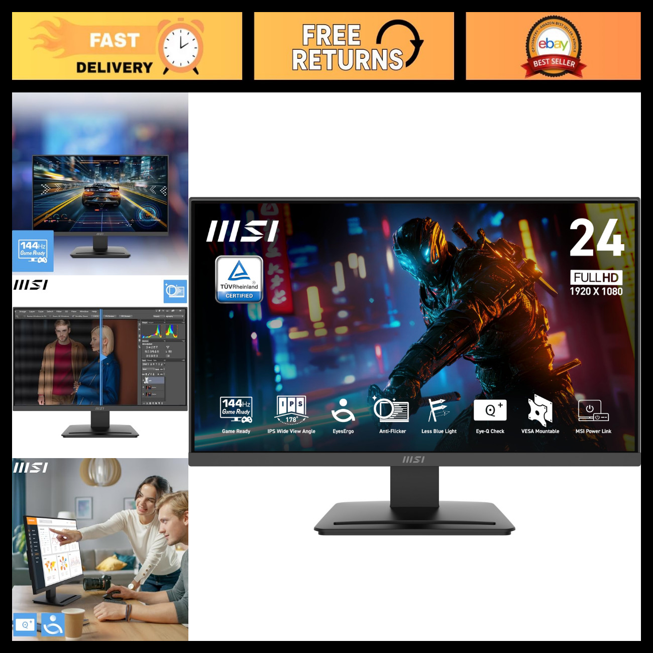 24" FHD Gaming Office Monitor, 144Hz, IPS, FreeSync, HDR, HDMI, VESA Mount, Tilt
