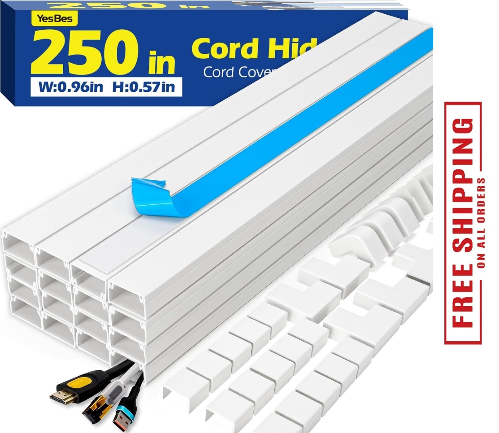 250in Cord Hider Kit - Paintable Cable Raceway for Wall-Mounted TVs, Wire Covers