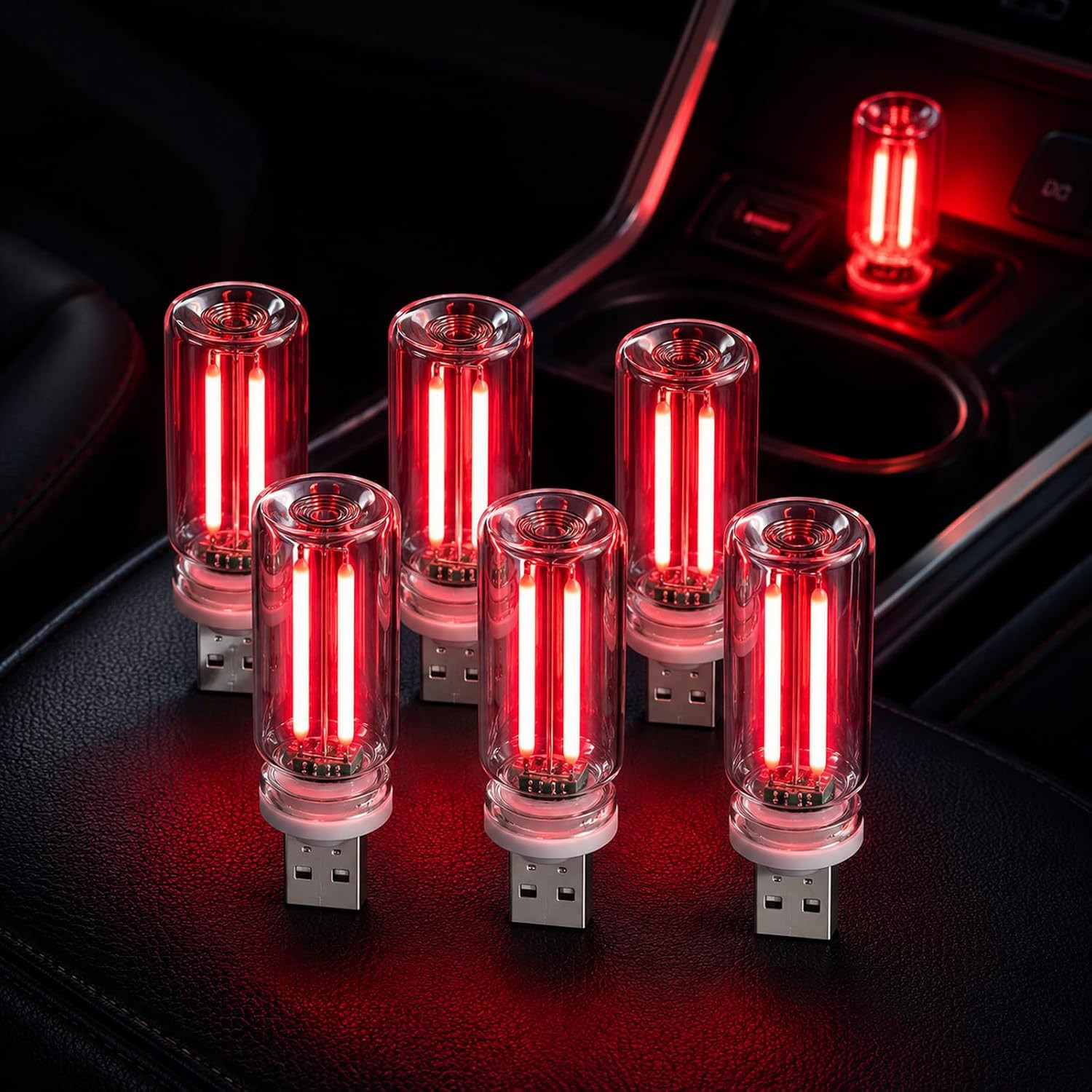 6 Pack USB Car Night Light, Touch Dimmable Mini Retro Glass Bottle LED Ambient L