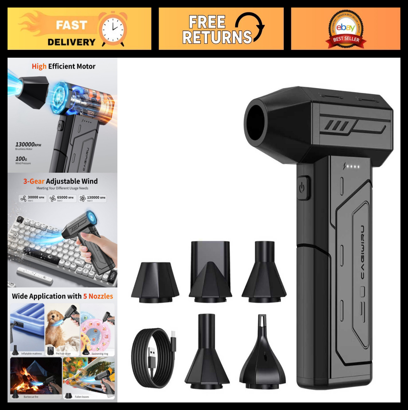 High-Power Cordless Compressed Air Duster, 130K RPM, Rechargeable Mini Blower, 3