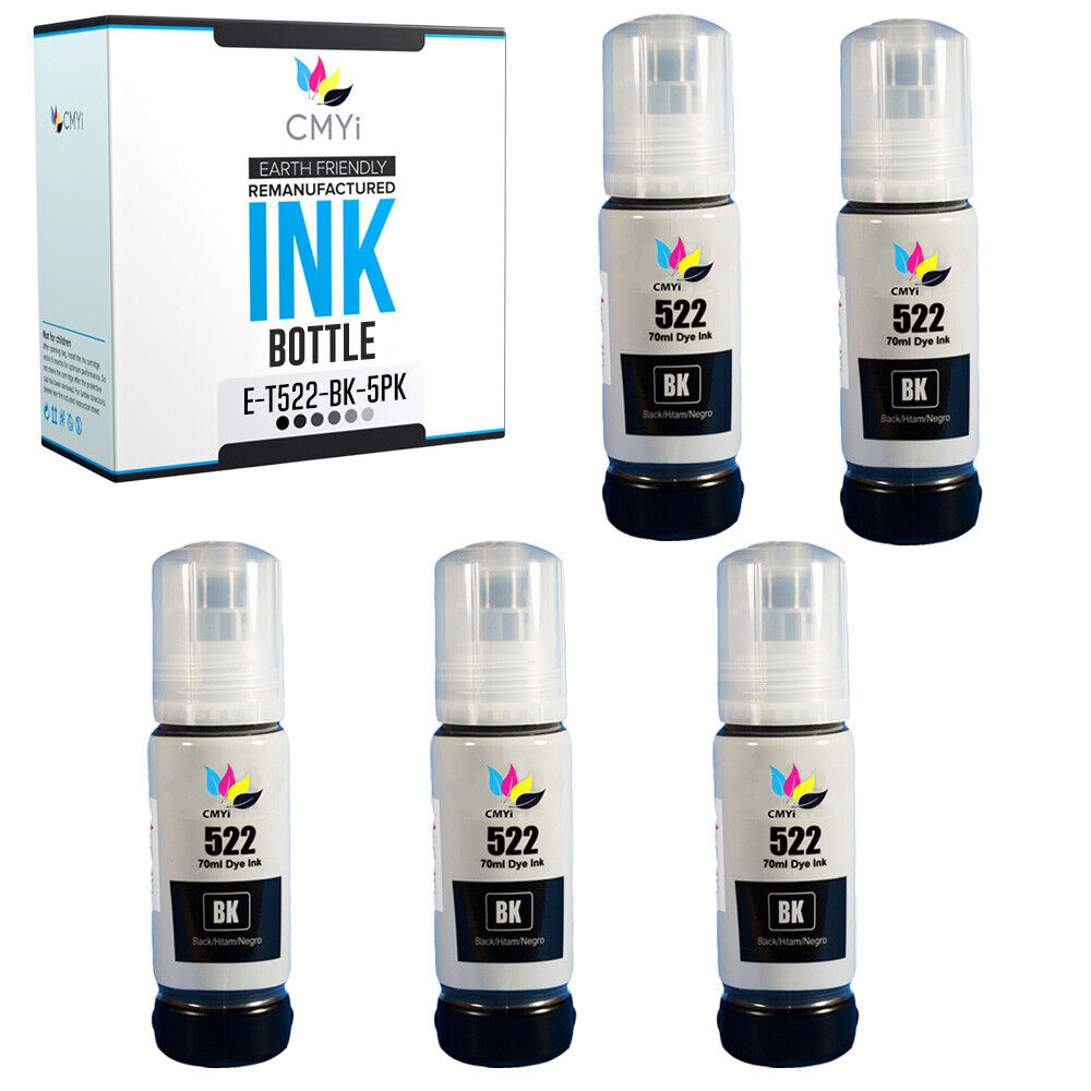 5PK 522 Black Ink Refill Replacement for Epson T522 Fits EcoTank ET2720 ET4800