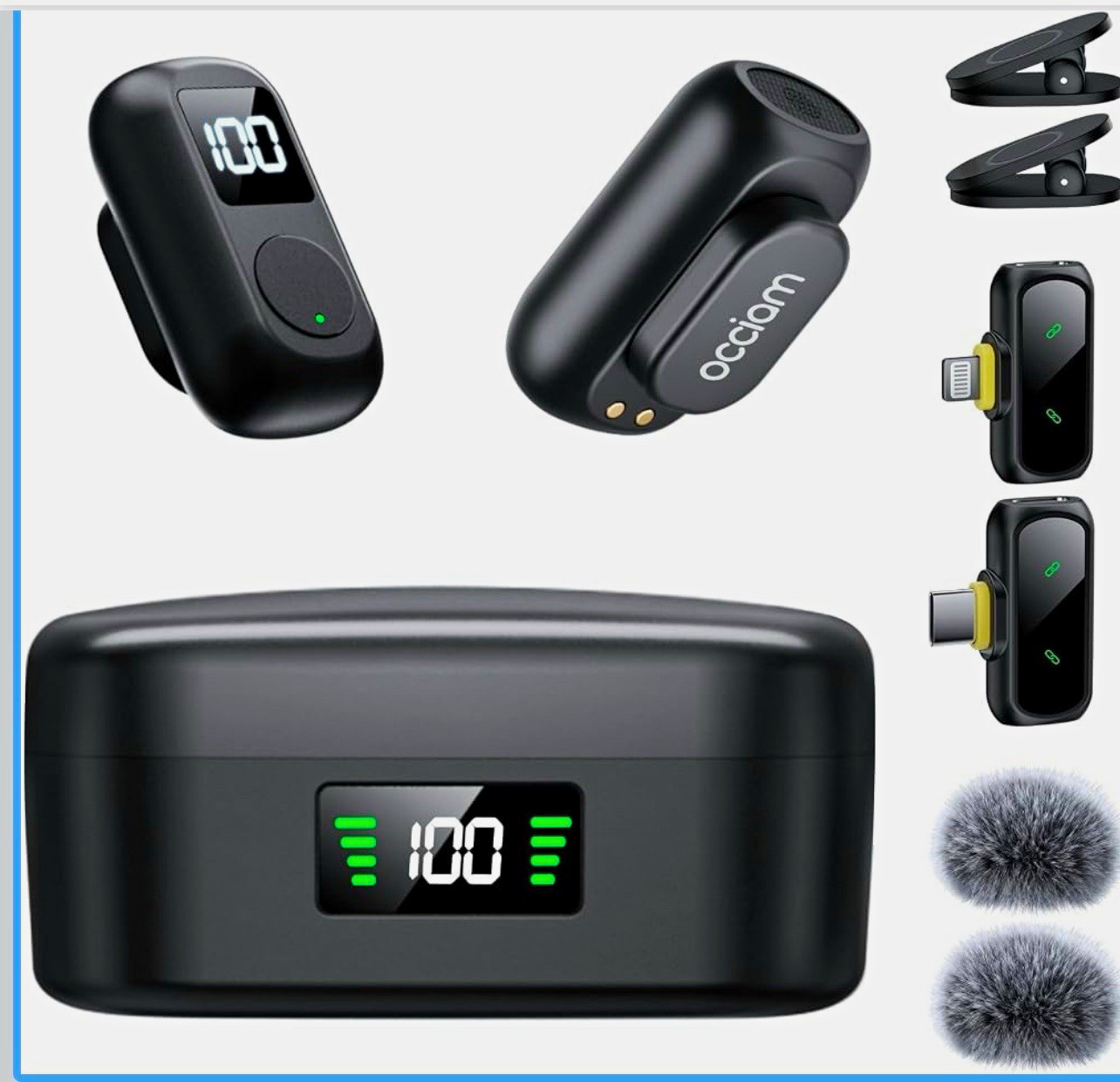 Occiam Wireless Clip-On Microphone USB-C/Lightning Noise-Cancelling Black