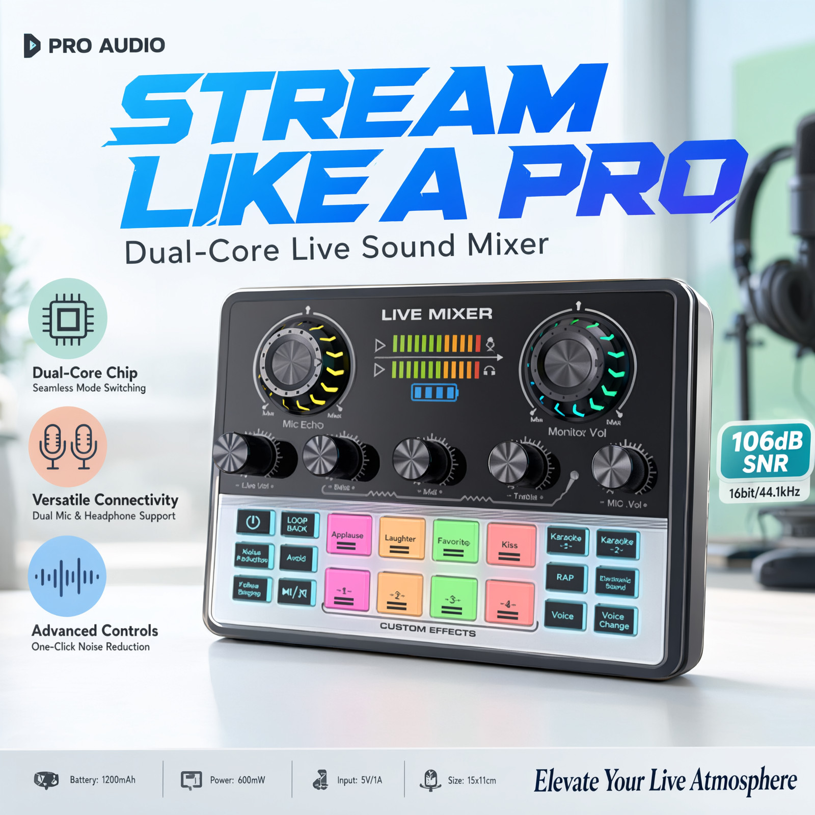 Sound Card Mixer One‑Key Sound Optimization Special Effect Buttons with Flashing