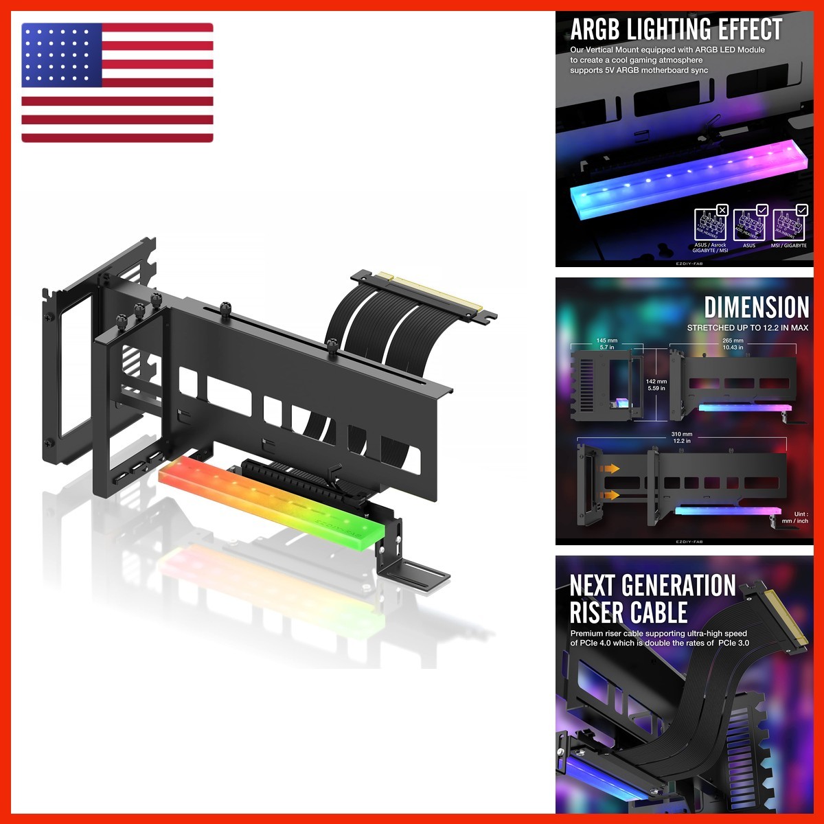 EZDIY-FAB Vertical PCIe 4.0 GPU Mount Bracket Graphic Card Holder 5V 3 Pin ARGB