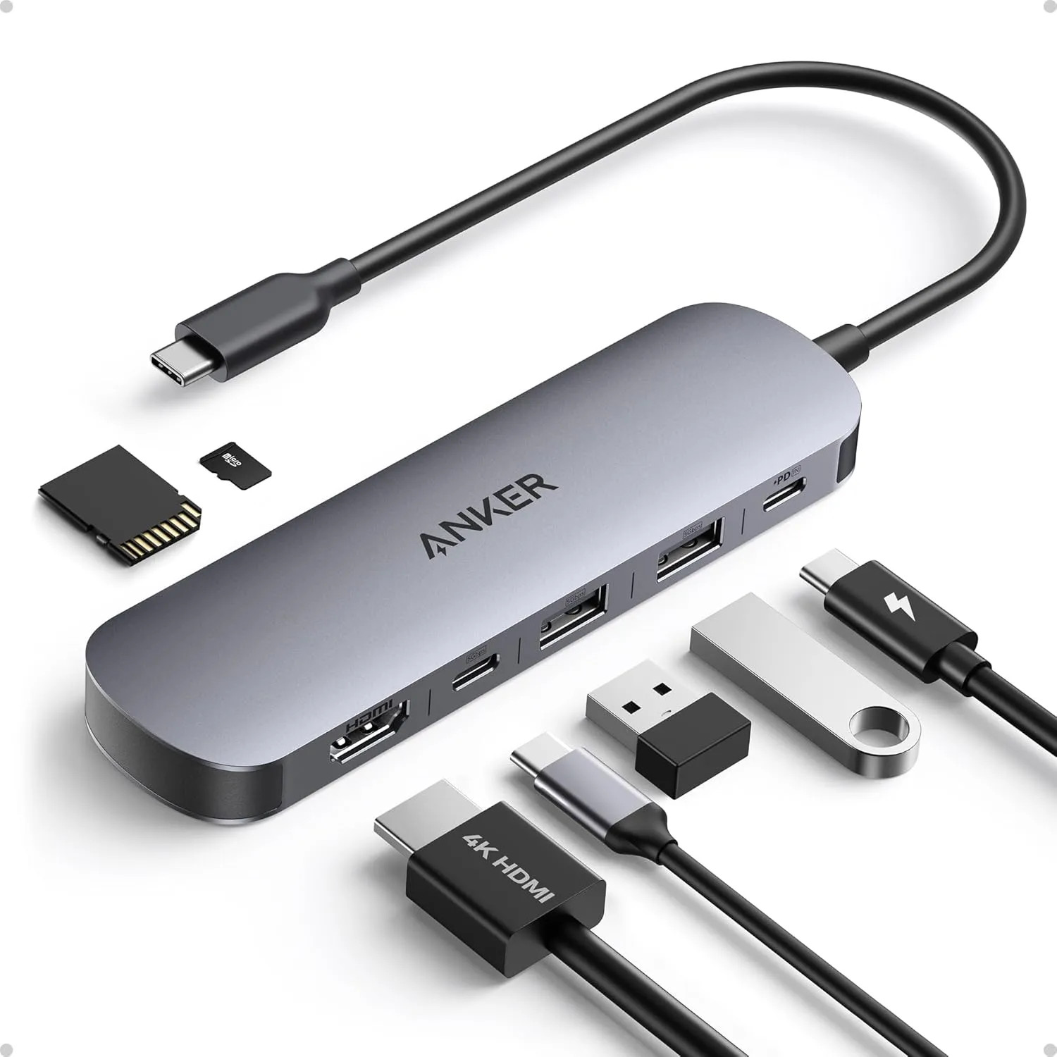 7in1 USB C Hub 4K 60Hz HDMI Adapter 85W PD 2 USB 3.0 SD TF Card Reader For La...