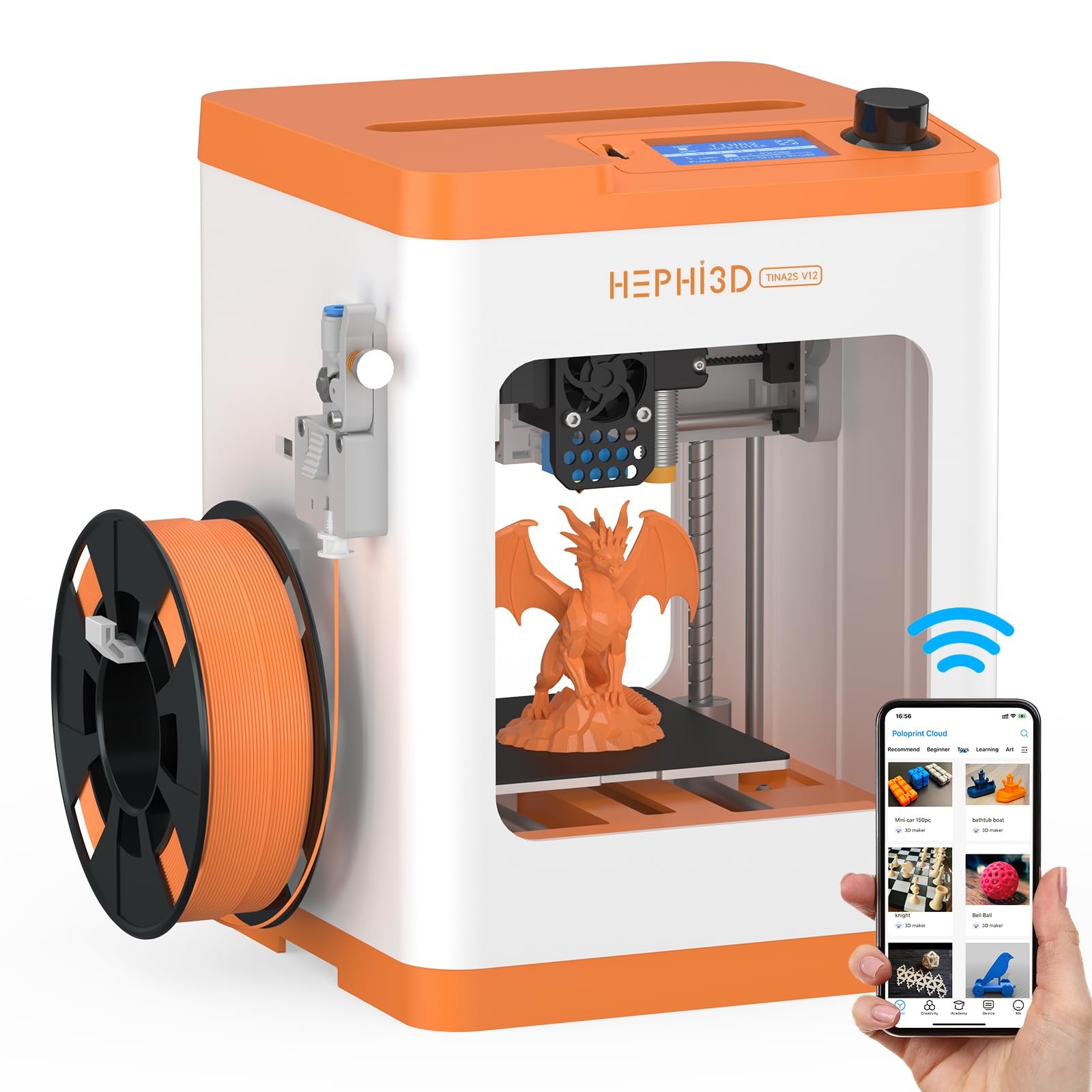 HEPHi3D TINA2S 3D Printer for Kids & Beginners Friendly, Fully Orange