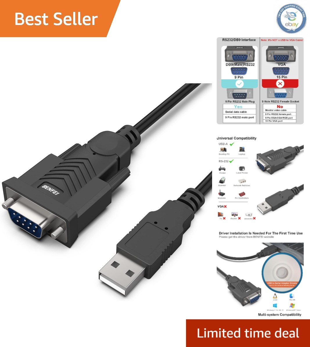 Seamless USB to RS-232 Male Serial Adapter - 1.8M for Efficient Connectivity