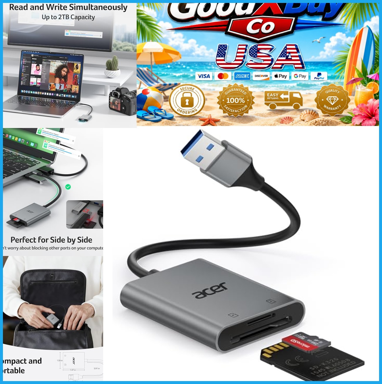 USB SD Card Reader 3.0 Aluminum Dual Slot SD Micro SDXC UHS-I 5Gbps Plug and