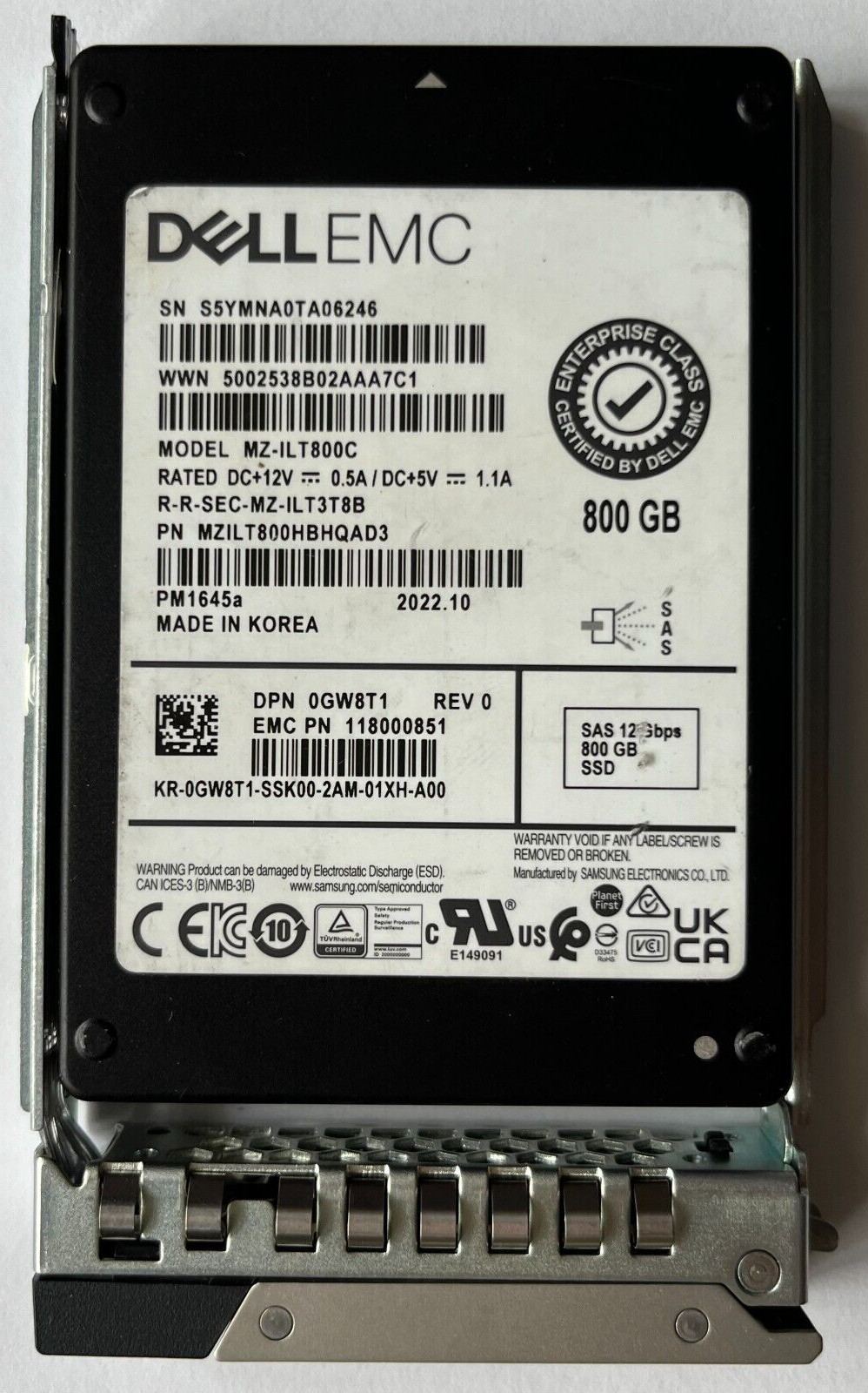 GW8T1 DELL EMC SAMSUNG 2.5" 800GB SAS 12Gbps SSD MZILT800HBHQAD3 0GW8T1 R640