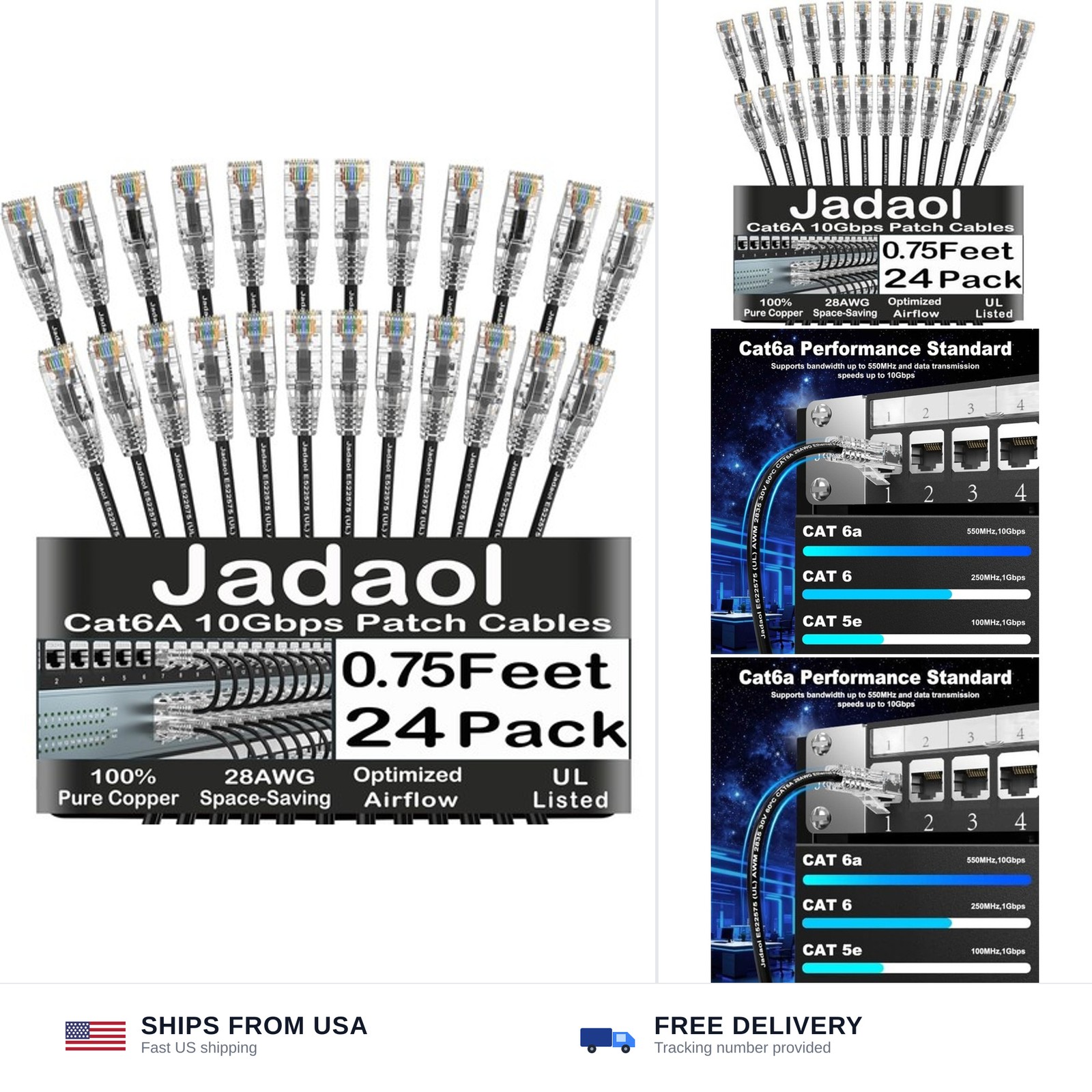 Jadaol UL Listed Patch Cables Cat 6a / Cat 6 0.75 ft 24-Pack, 10Gbps 550MHz S...