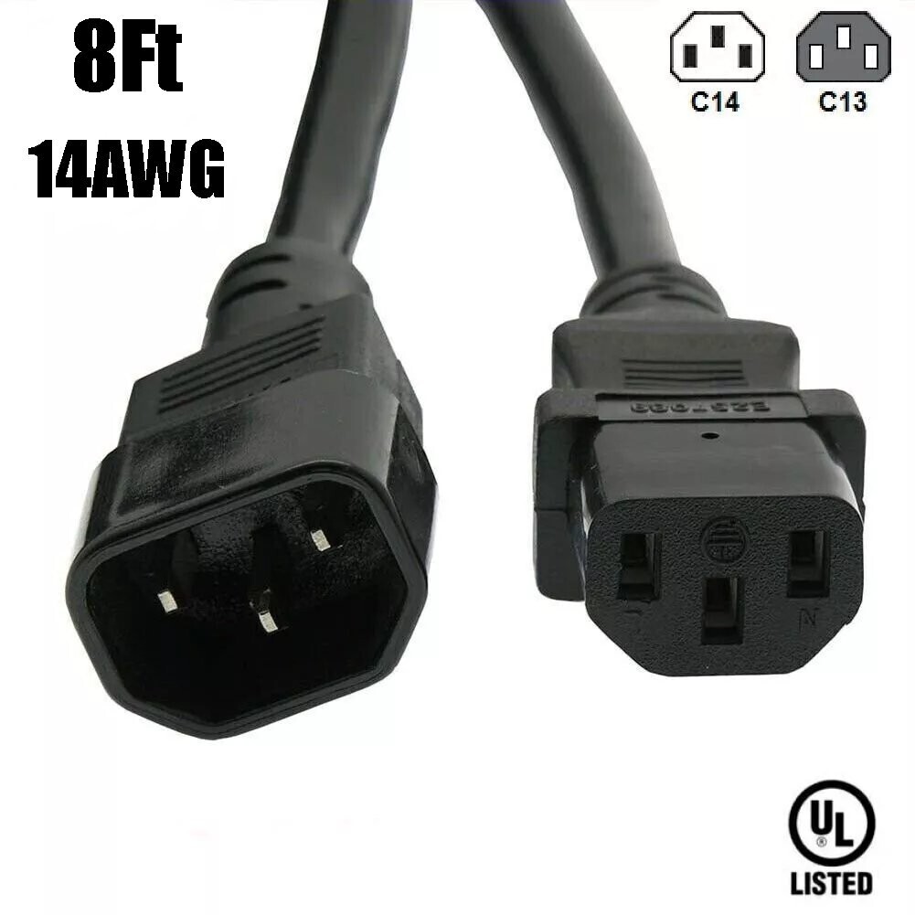 8FT 14AWG Power Cord Extension C13 to C14 IEC 320 3-Prong 14/3 Cable 125V 15A UL