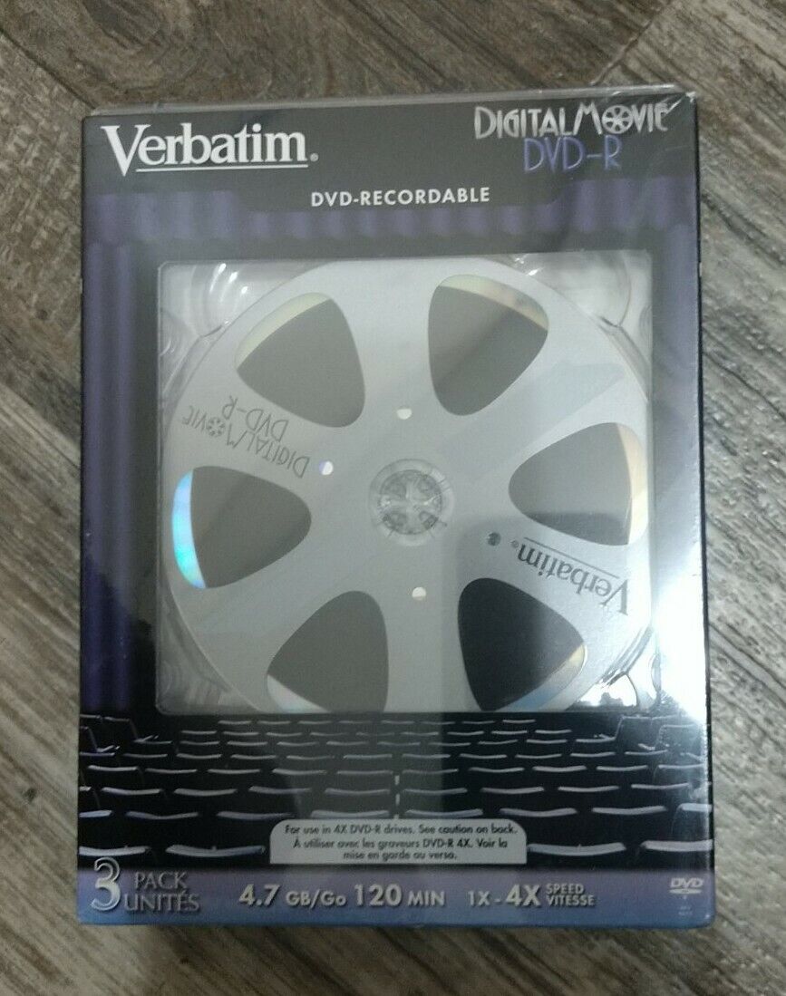 NEW. 3-Pk VERBATIM DVD-R 4X 4.7GB DIGITAL MOVIE 120 Minute DVDs BLANK REELS 🆕