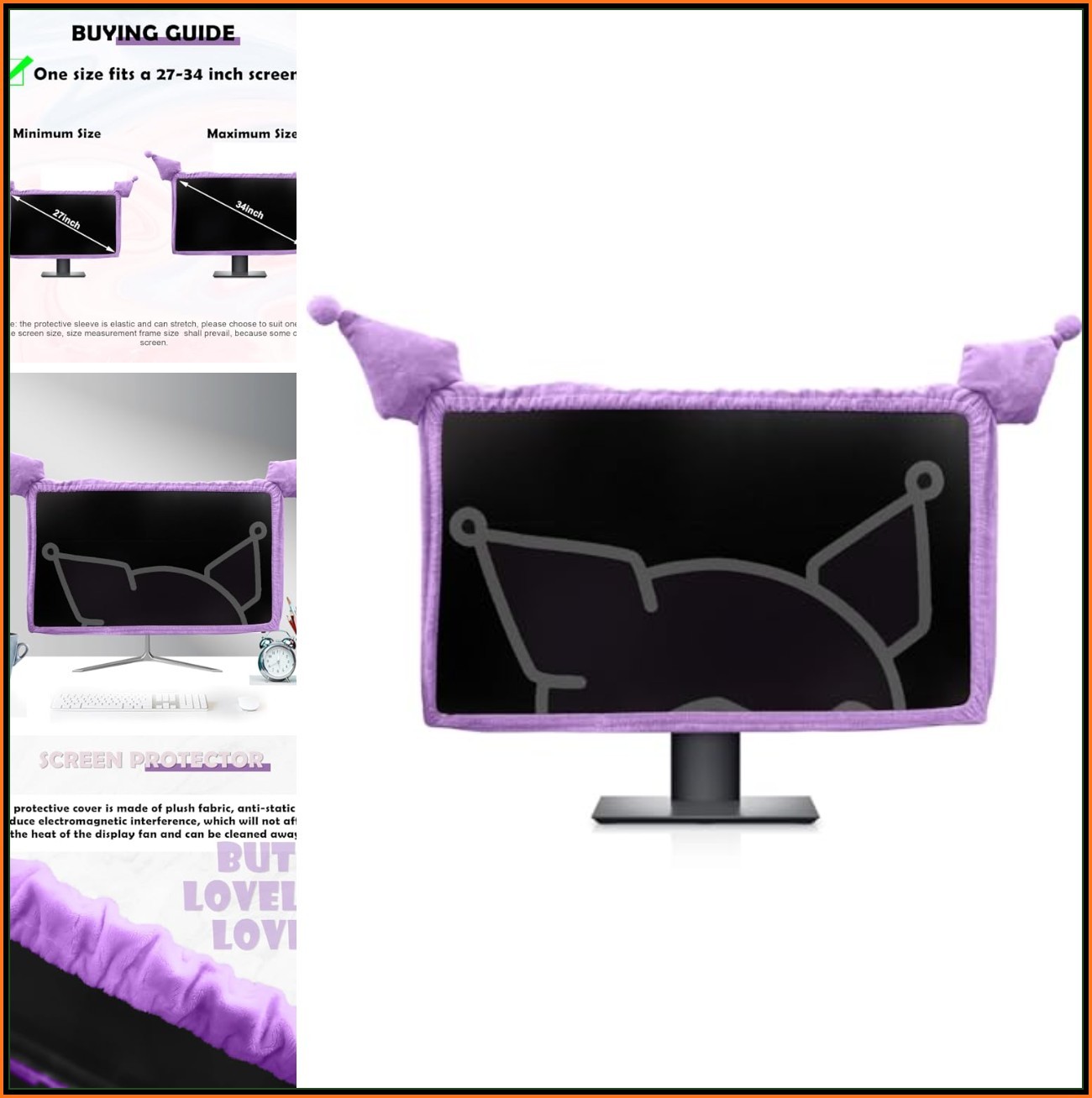 Computer Monitor Cover 23-34 Inch Cat Ear Design Elastic Dustproof Cute Furry