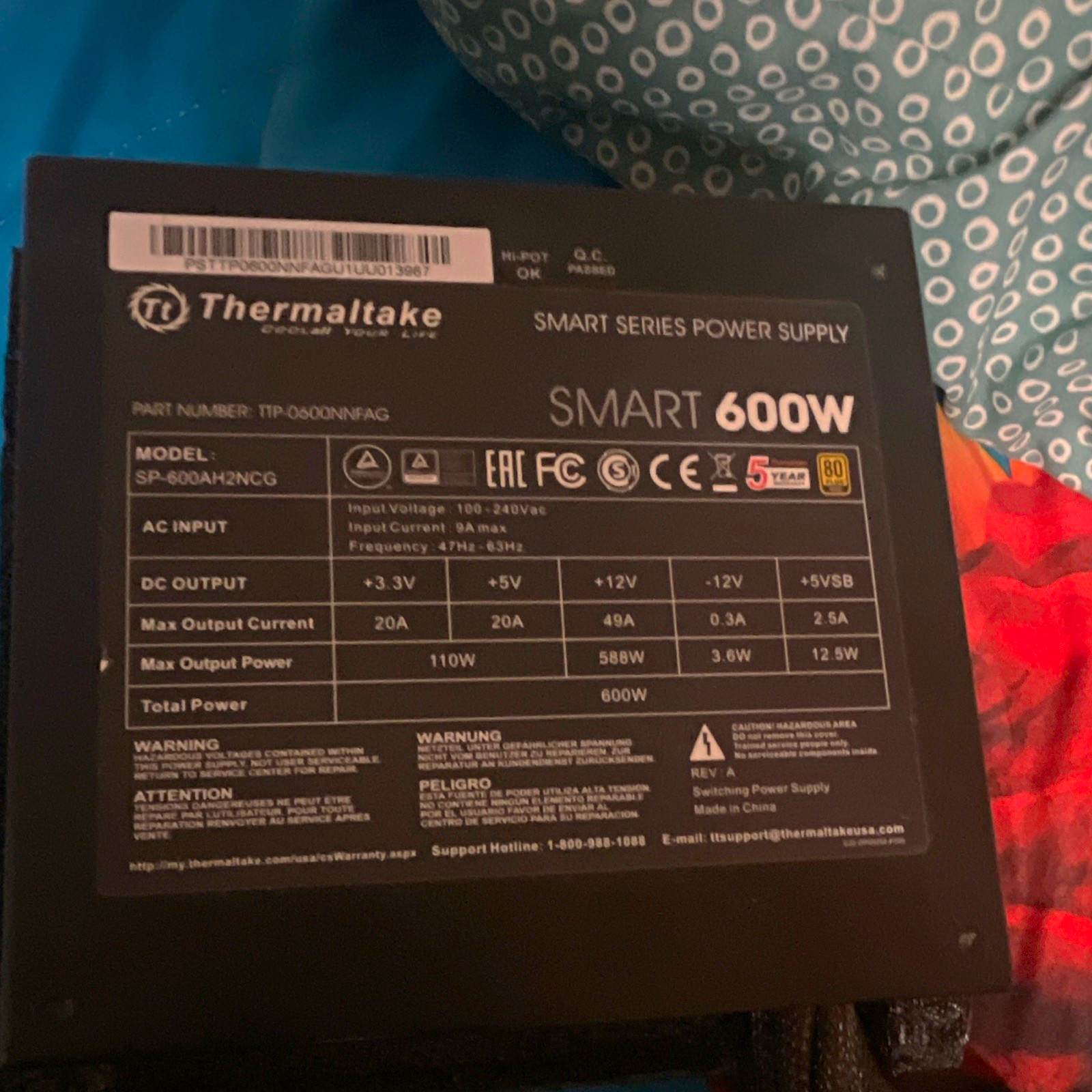 Thermaltake Smart Series 600W ATX 80 Plus Bronze PSU SP-600AH2NCG