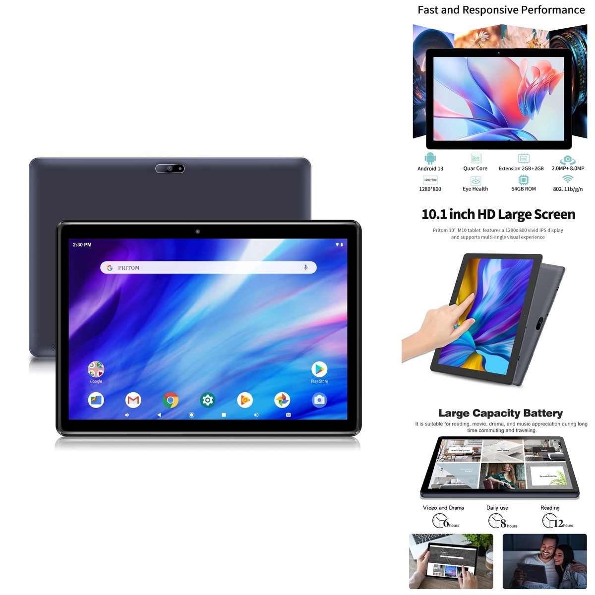 PRITOM M10 Tablet 10 inch 64GB Android HD IPS Screen 6000mAh Black