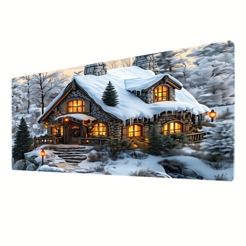 Winter-Themed Mouse Pad Featuring a Snow-Covered Stone House Design, a Cozy Mo