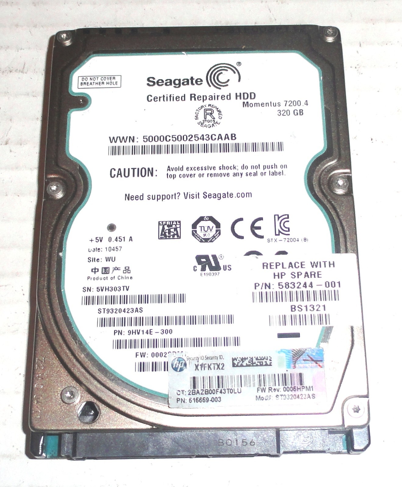 Seagate ST9320423AS 320GB Sata Hard Drive P/N: 9HV14E-300 F/W: 0002SDM1  5VH  WU