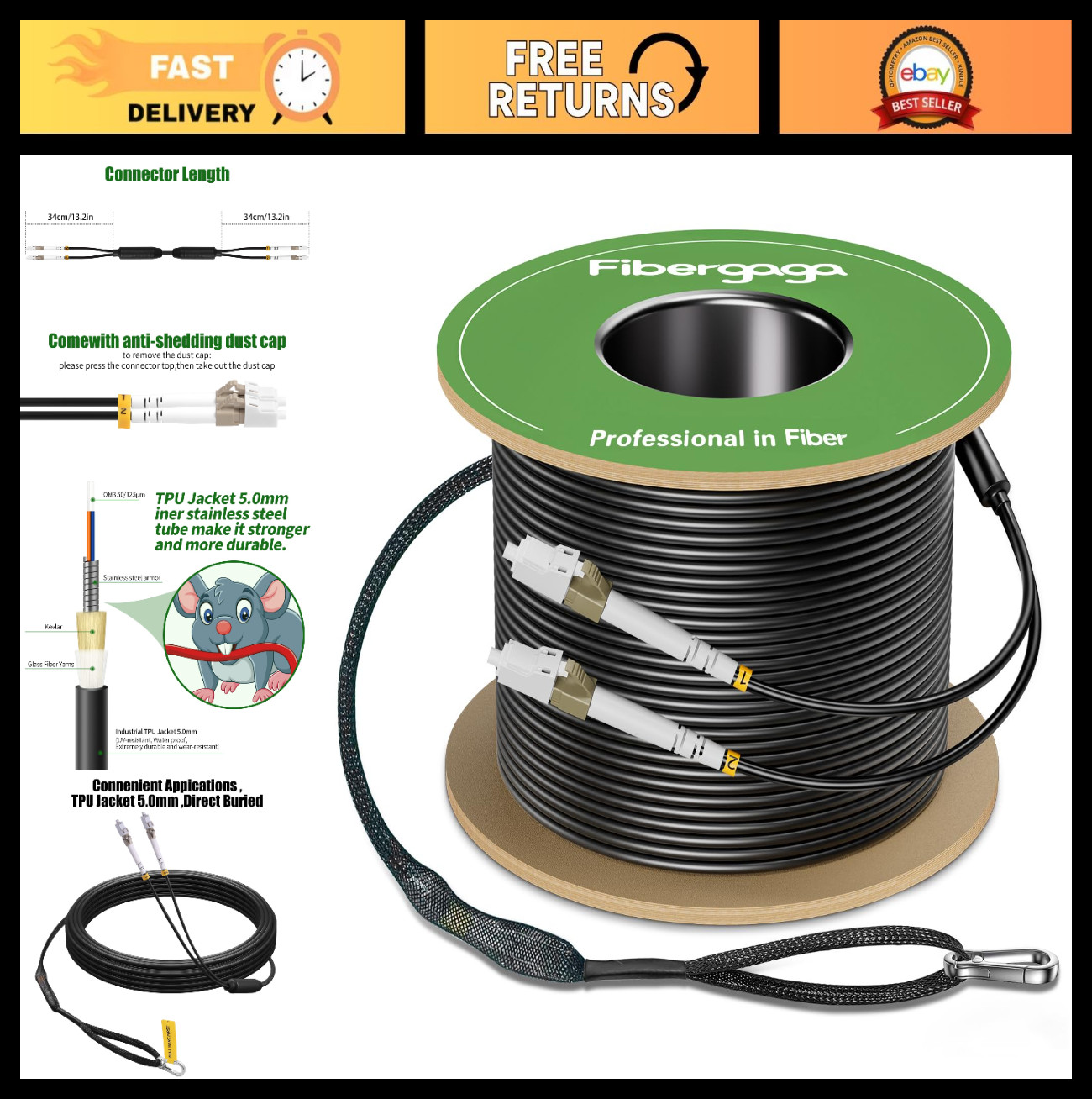 Outdoor Multimode Fiber Patch Cable LC to LC OM3, 50M (165ft) - Durable TPU, Hig