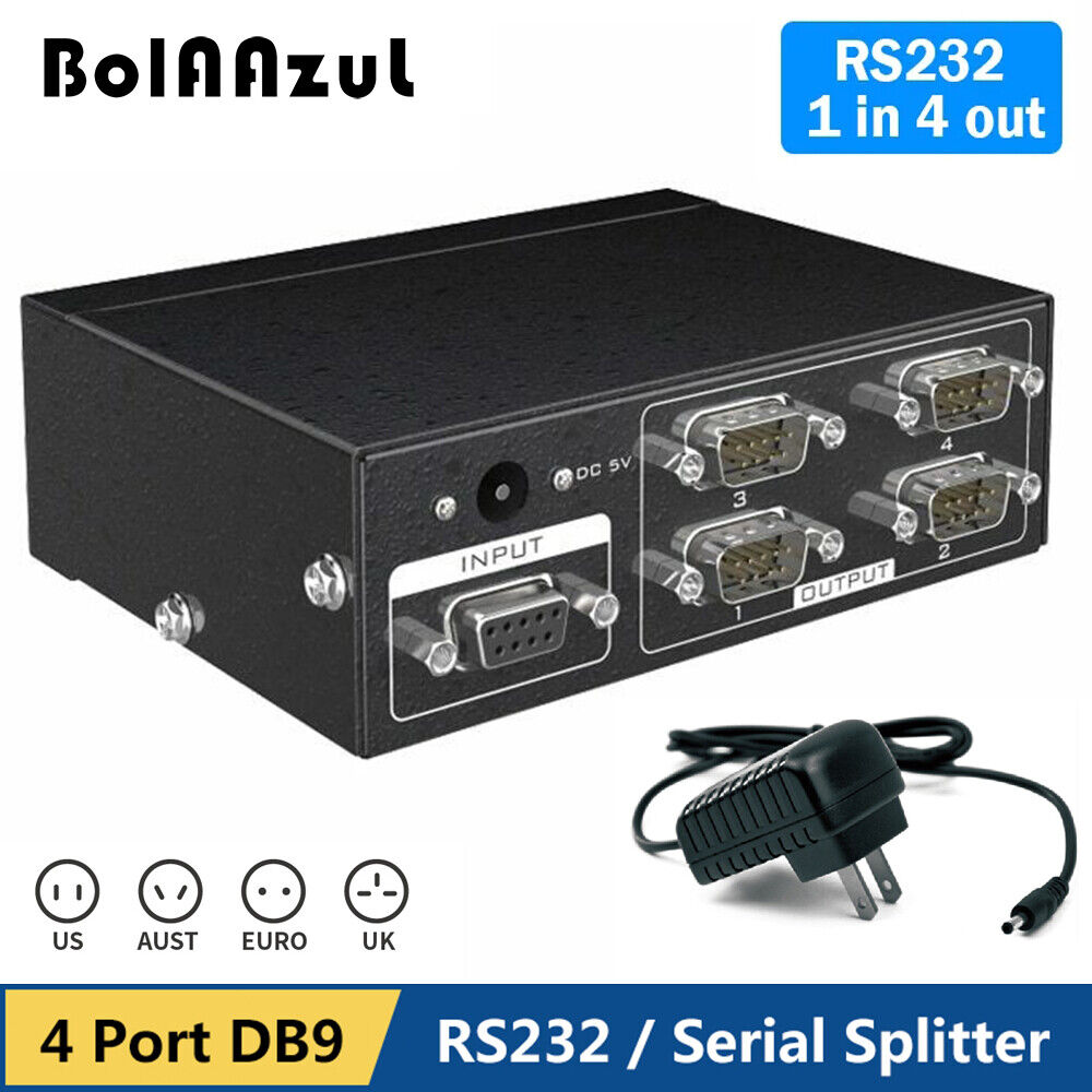 RS232 Active Serial Splitter 1 in 4 out Bi-directional DB9 Hub 4 to 1 Switcher