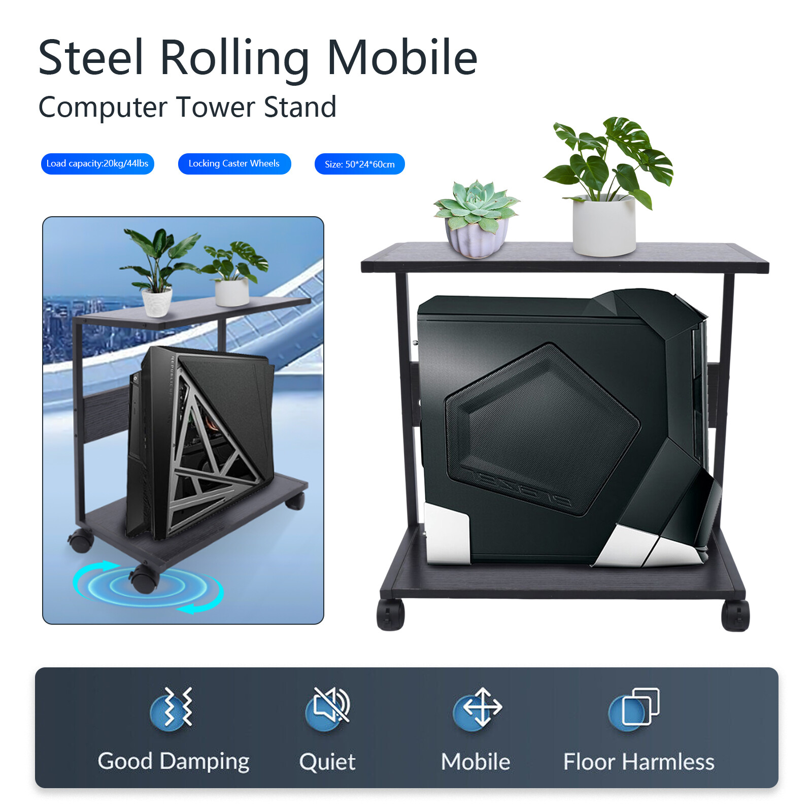 2-Tier CPU Holder Cart Under Desk Computer Tower Stand Mobile PC Tower Stand NEW