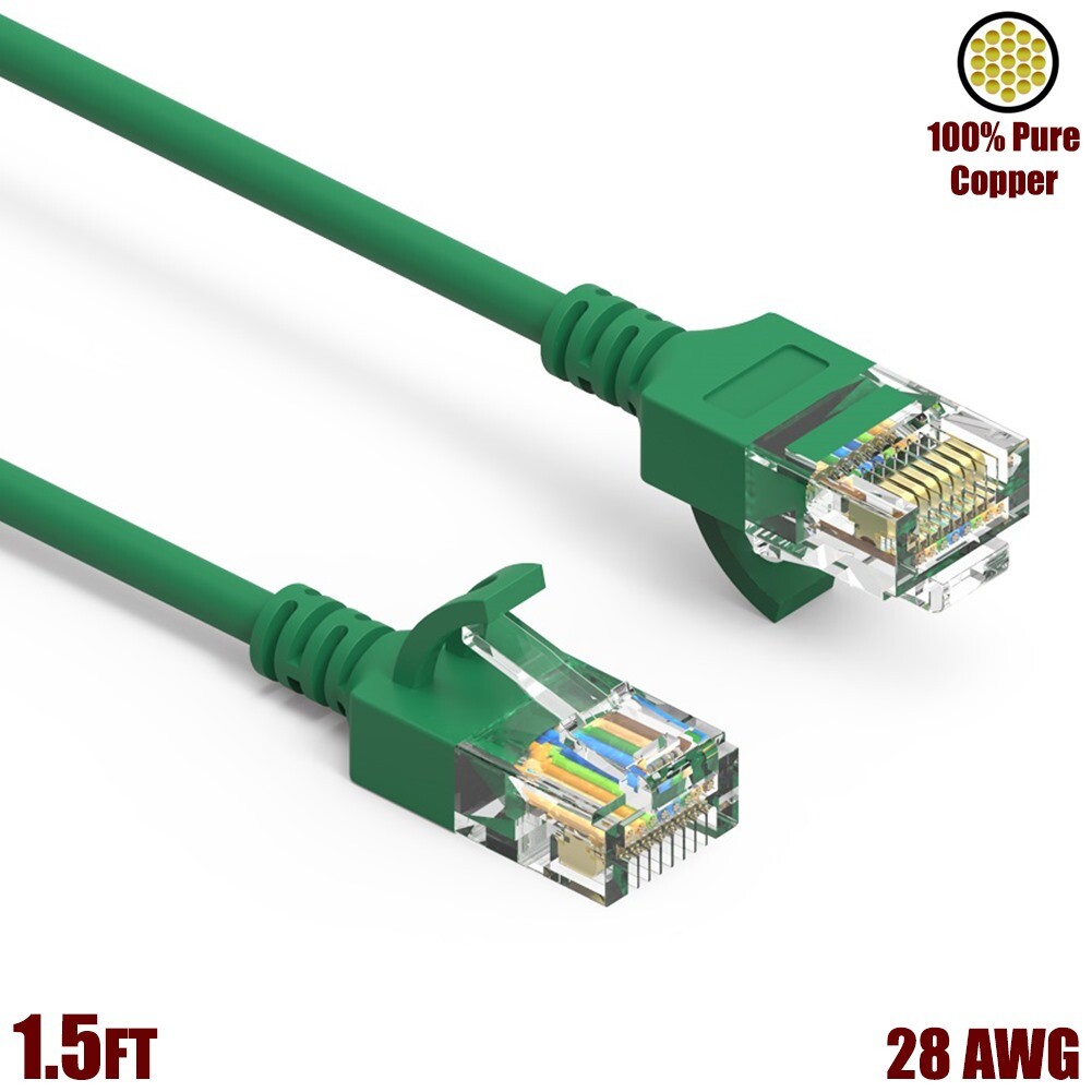 1.5FT Cat6A RJ45 Slim Ethernet LAN Network Cable UTP Gold 28AWG Copper Green