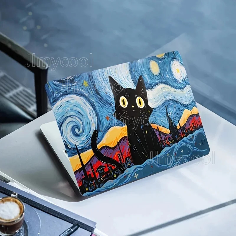 2Pieces Van Gogh Starry Night Black Cat Laptop Non-reusable Animal Pattern Decal