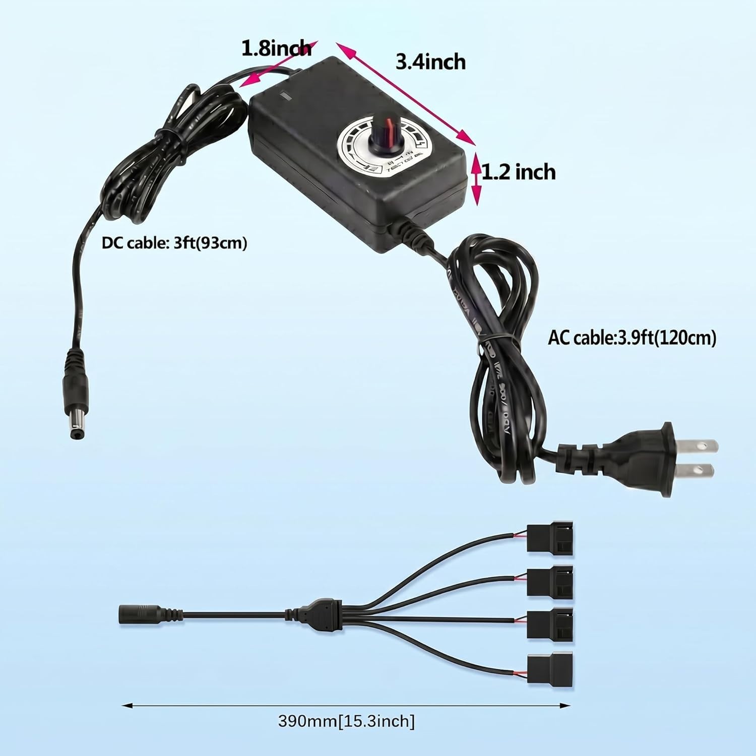 Delinx 12V PC Fan Speed Controller, AC Plug with 4X 4-Pin Splitter Cable | 36W P