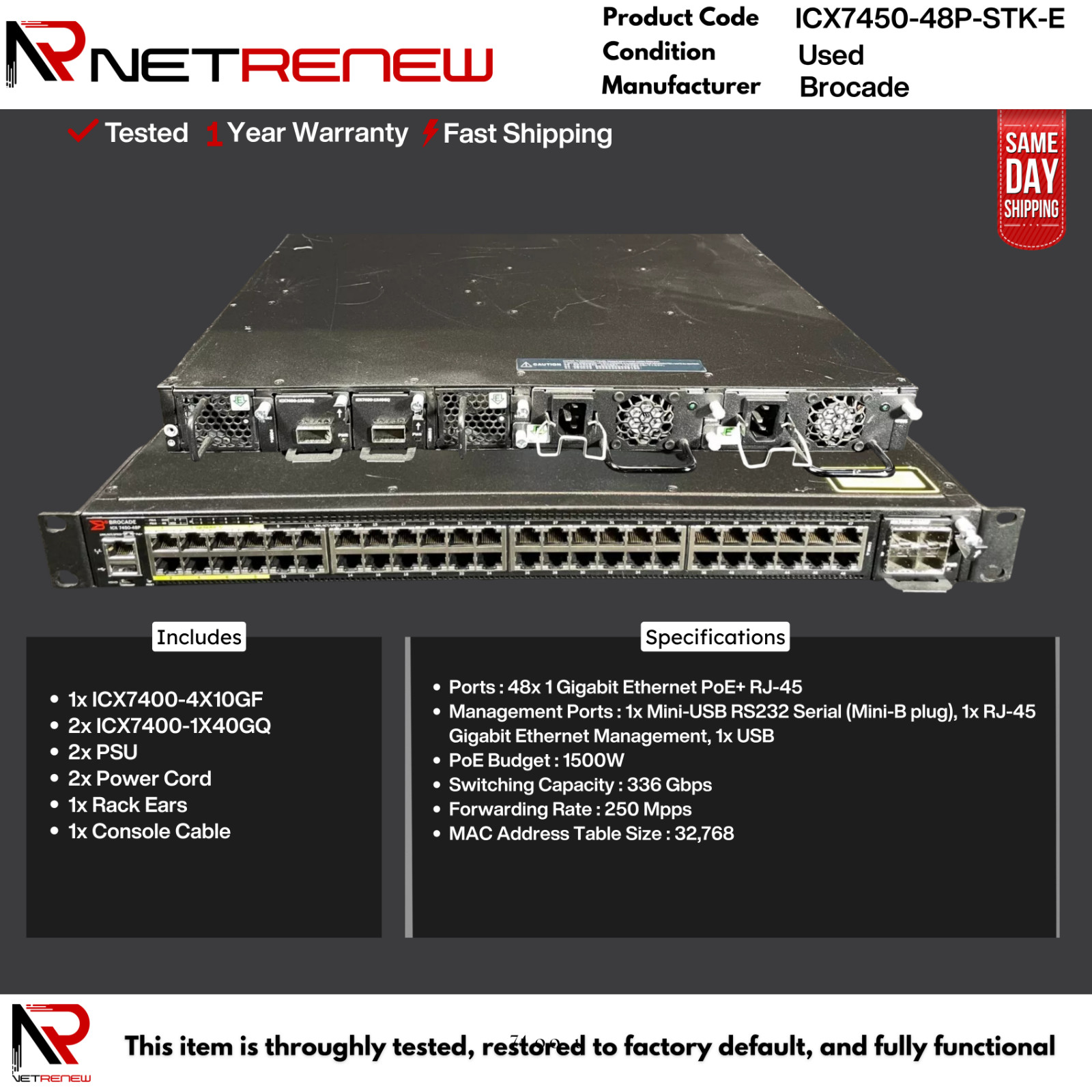 Ruckus Brocade ICX7450-48P-STK-E 48x 1 GB PoE+ RJ45 Switch 2×40 GbE QSFP+