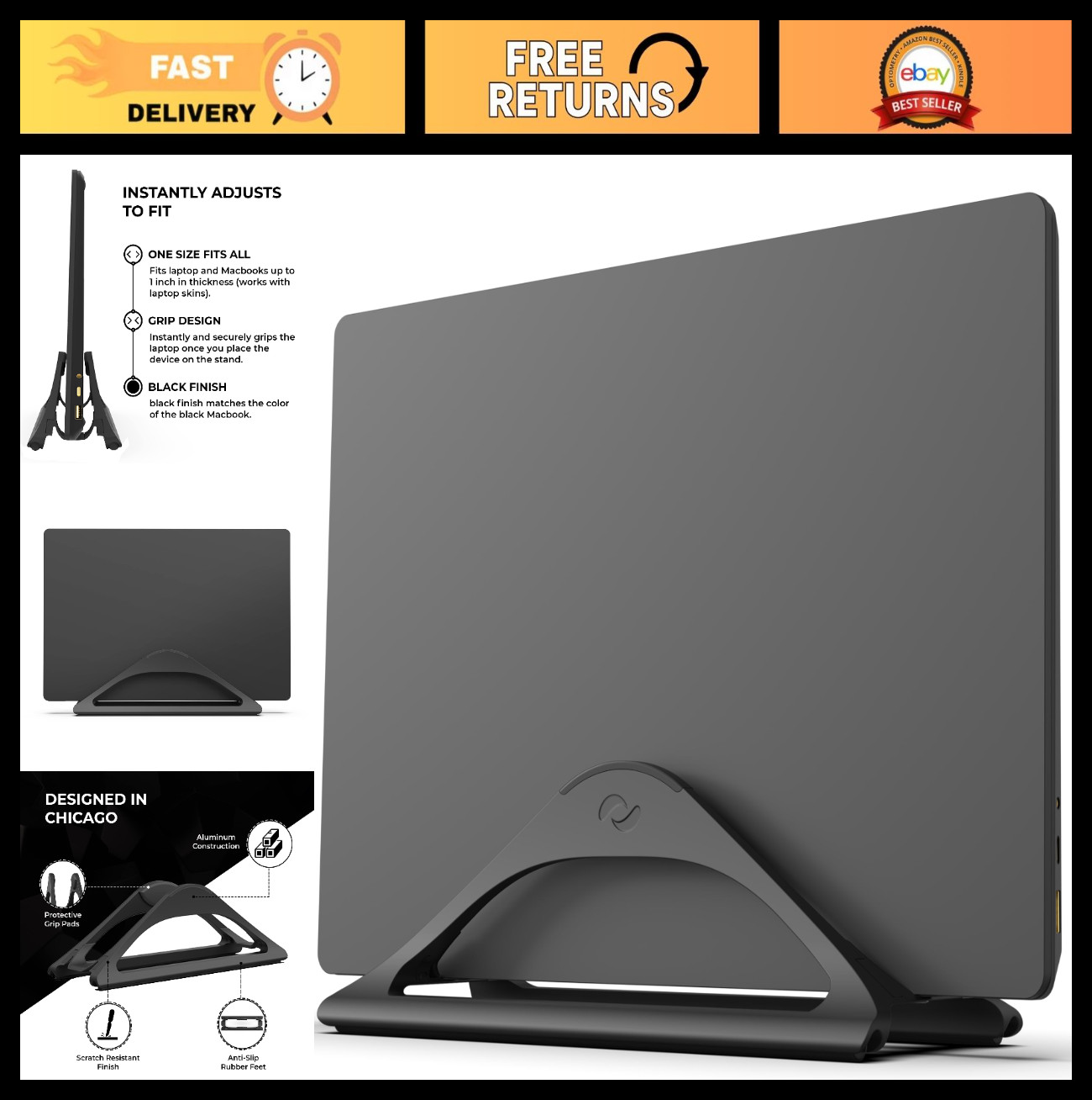 Adjustable Vertical Laptop Stand - Matte Black Dock for MacBook & Laptops, Space