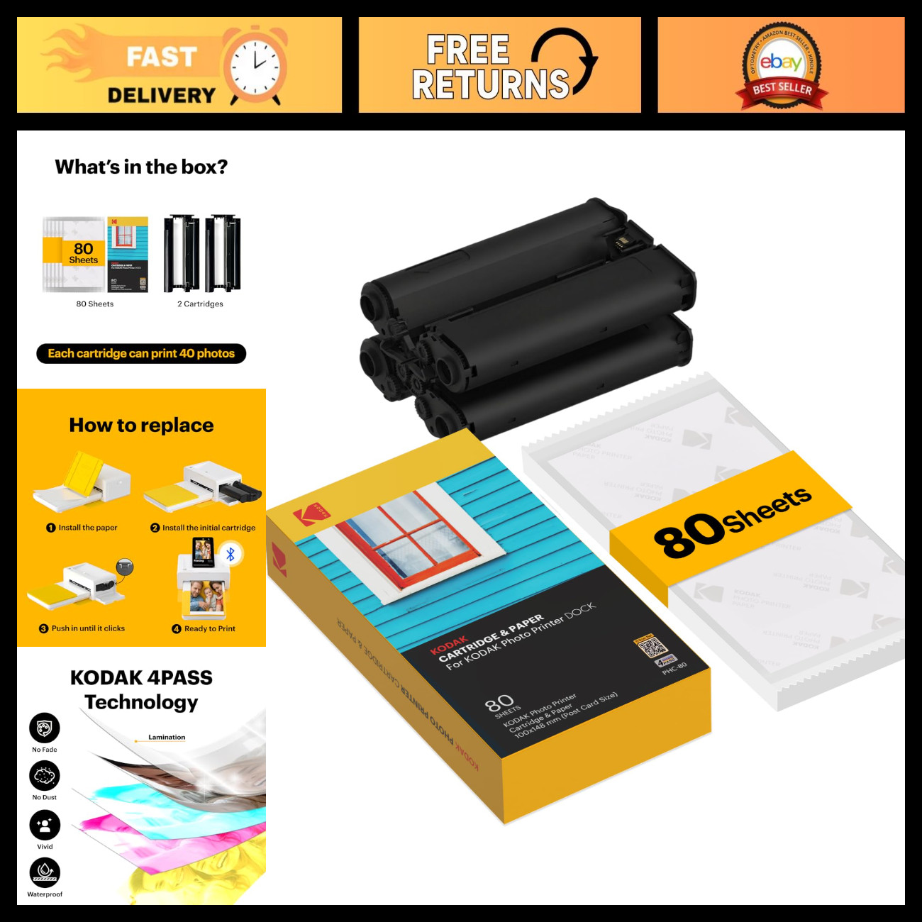 4x6” Photo Paper Cartridge Refill, 80 Sheets for Dock Plus & Dock Era Printers
