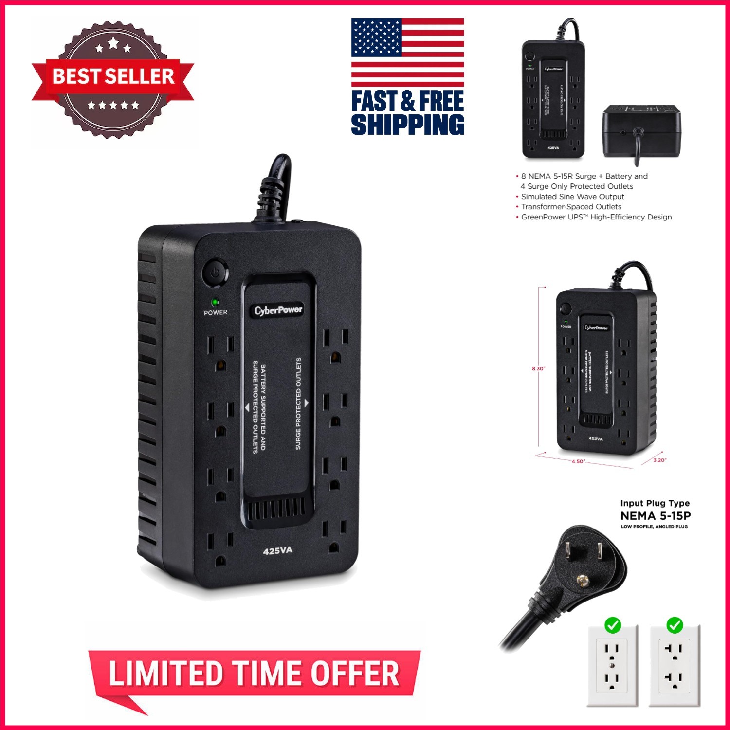 260W Surge Protector Power System - 8 Outlets, Compact and Reliable Backup