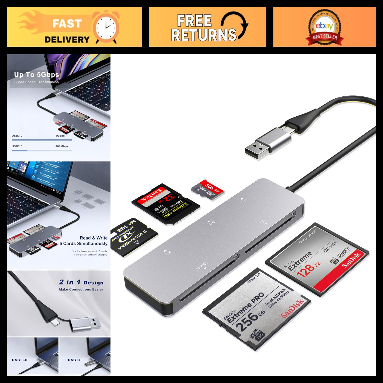 5-in-1 CFast 2.0 Card Reader, USB C & USB 3.0 Multi-Slot Adapter, 5Gbps Data Tra