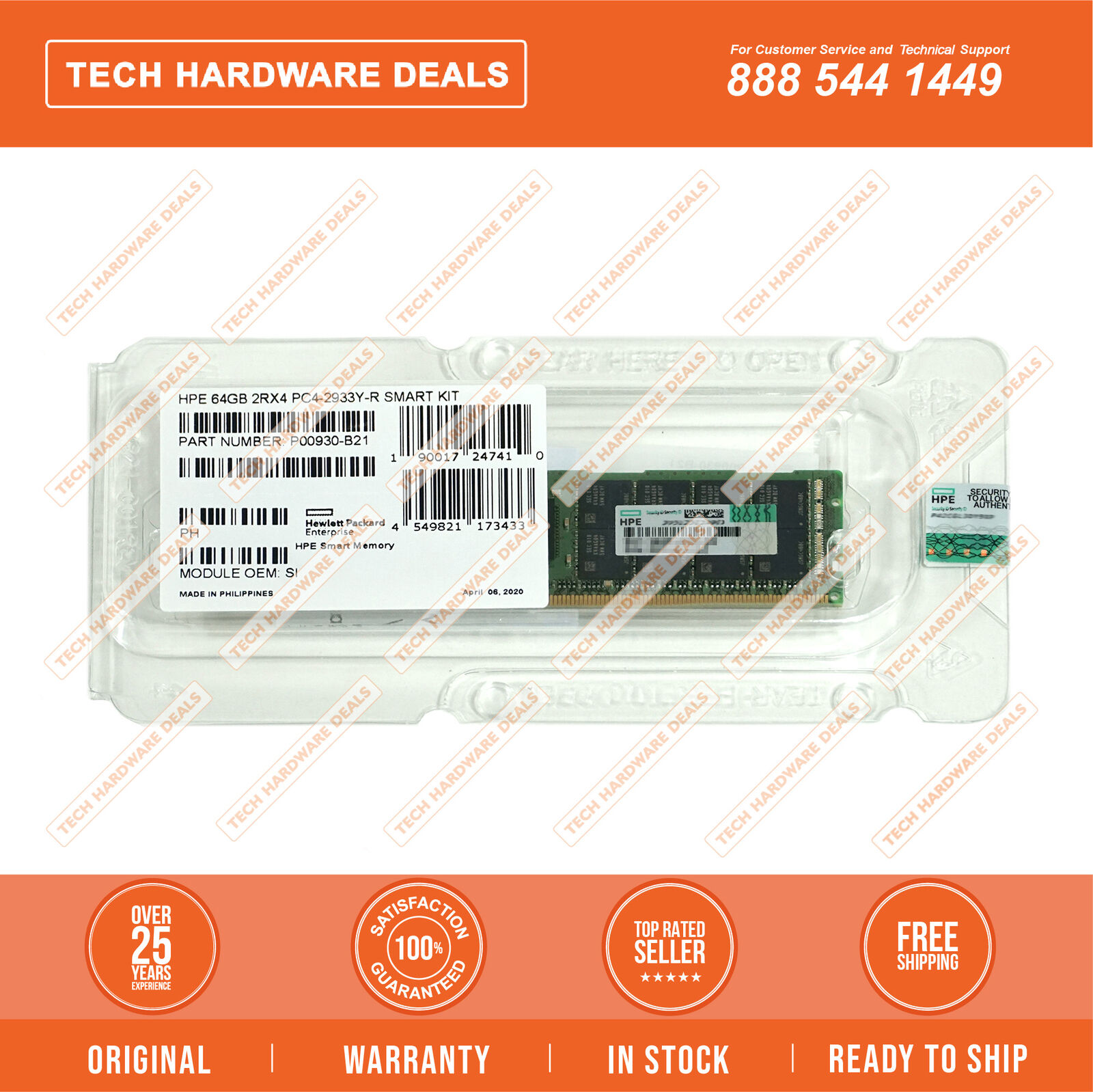 P06192-001 3 Year HPE Warranty RETAIL BOX HPE 64GB (1x64GB) Dual Rank x4 DDR4-29