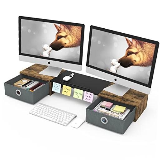Dual Monitor Stand Riser with Two Drawers, Extra Large Storage Rustic Brown