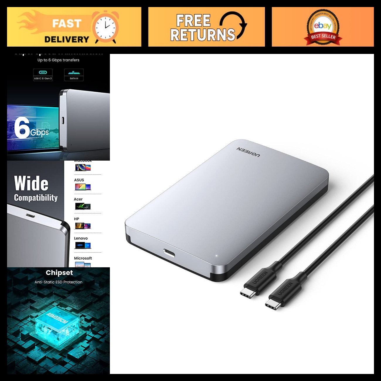 2.5" SATA SSD HDD USB C Hard Drive Enclosure, Aluminum Case, Fast Data Transfer
