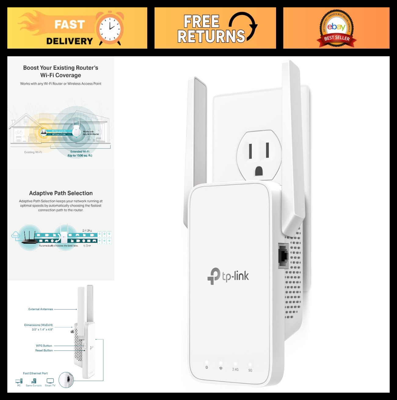 AC1200 WiFi Range Extender - 1.2Gbps Dual Band Signal Booster, 1600 Sq.ft, EasyM