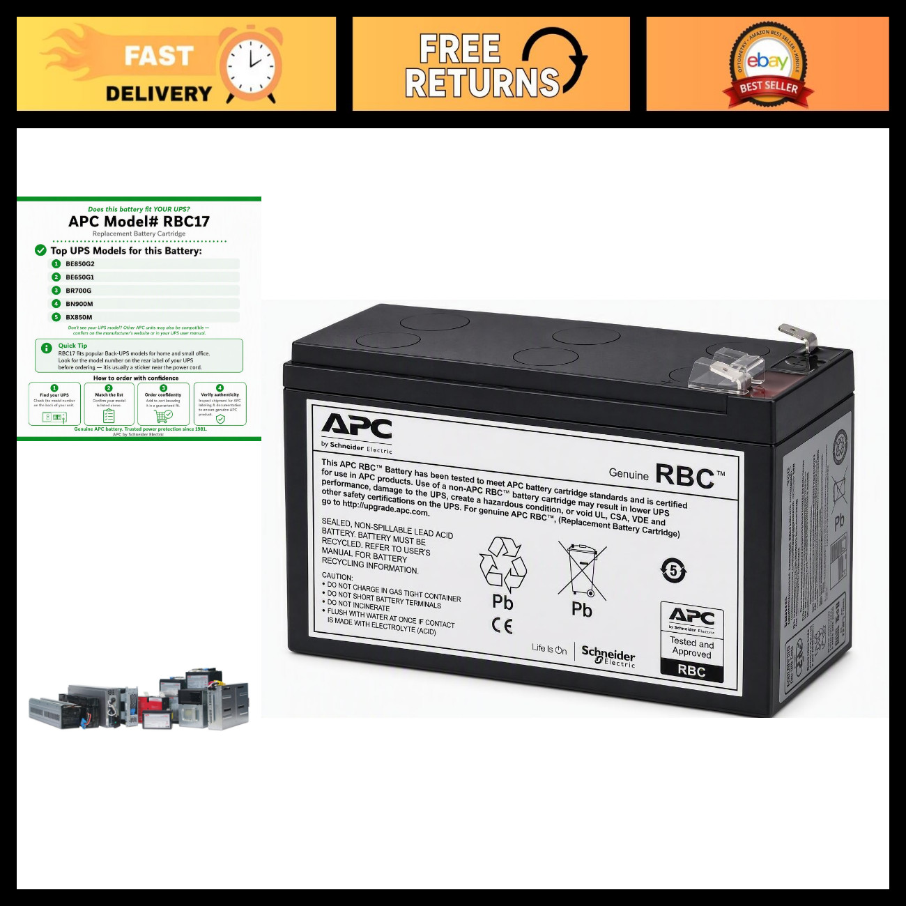 Replacement Battery RBC17 for APC UPS Models BE650G1 BE850G2 BR700G - High Perfo