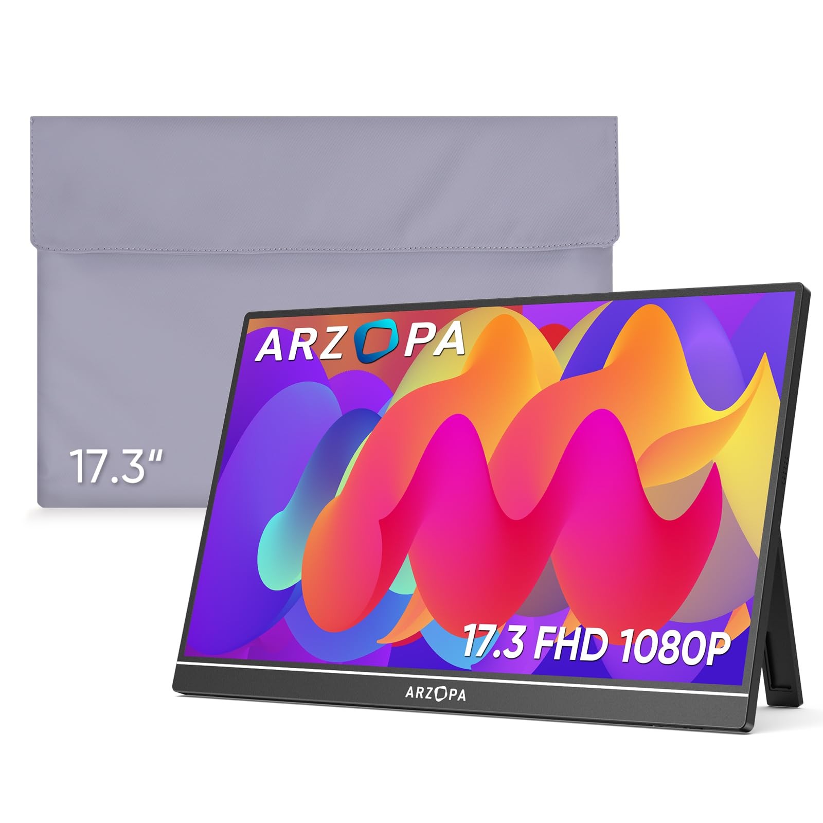 ARZOPA Portable Monitor & Sleeve, 17.3'' 1080P FHD Laptop &PU black