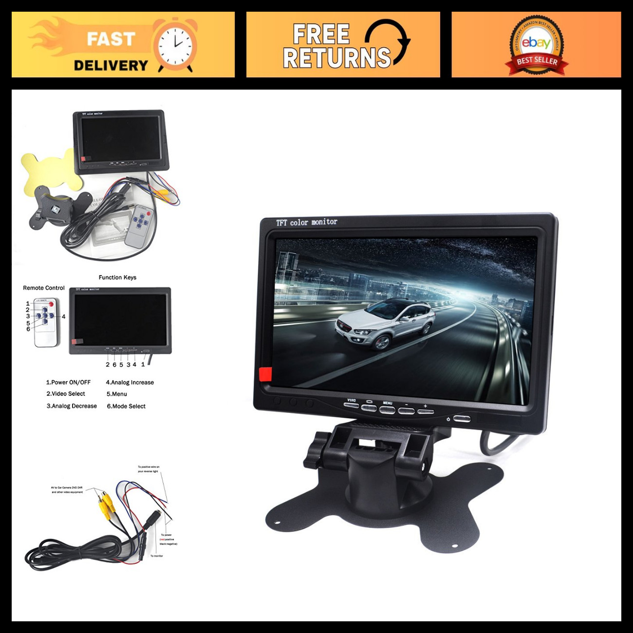 7" LED Backlight TFT LCD Monitor for Car Rearview, DVD, Surveillance, STB, Video
