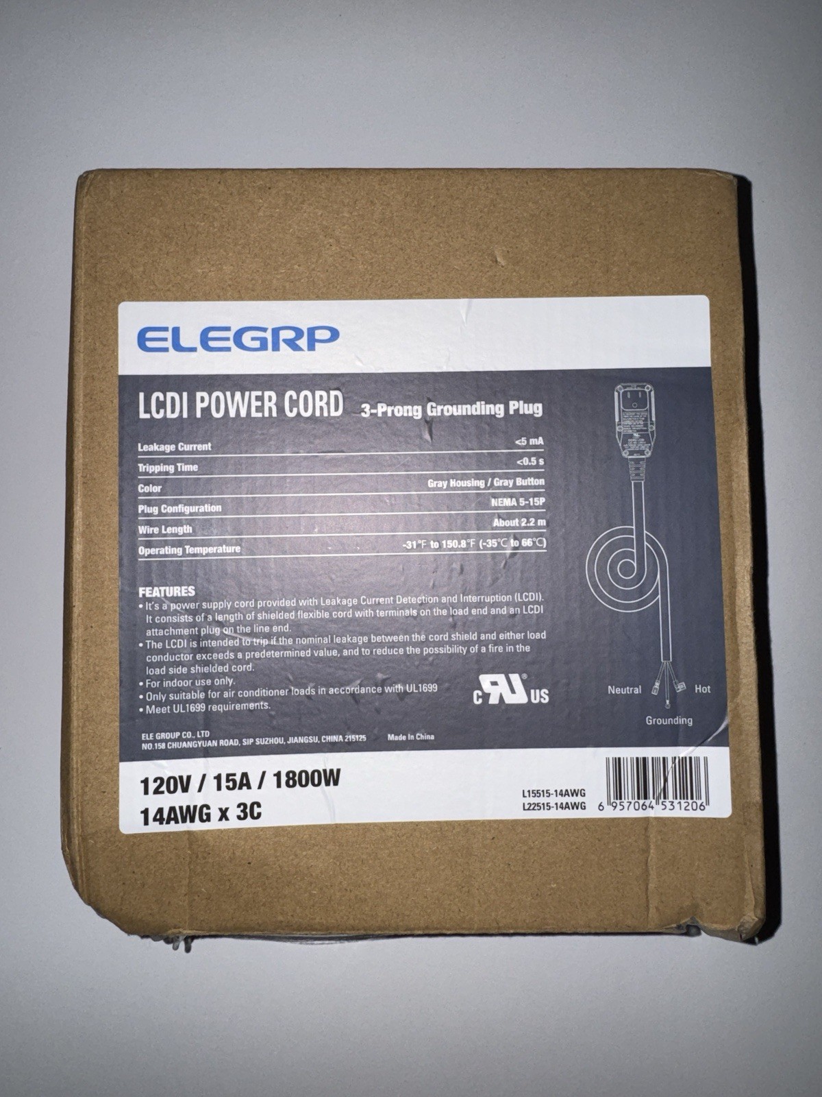 ELEGRP 0651515LY L15515 14AWG LCDI Power Cord Plug for A/C Air Conditioner, UL 1