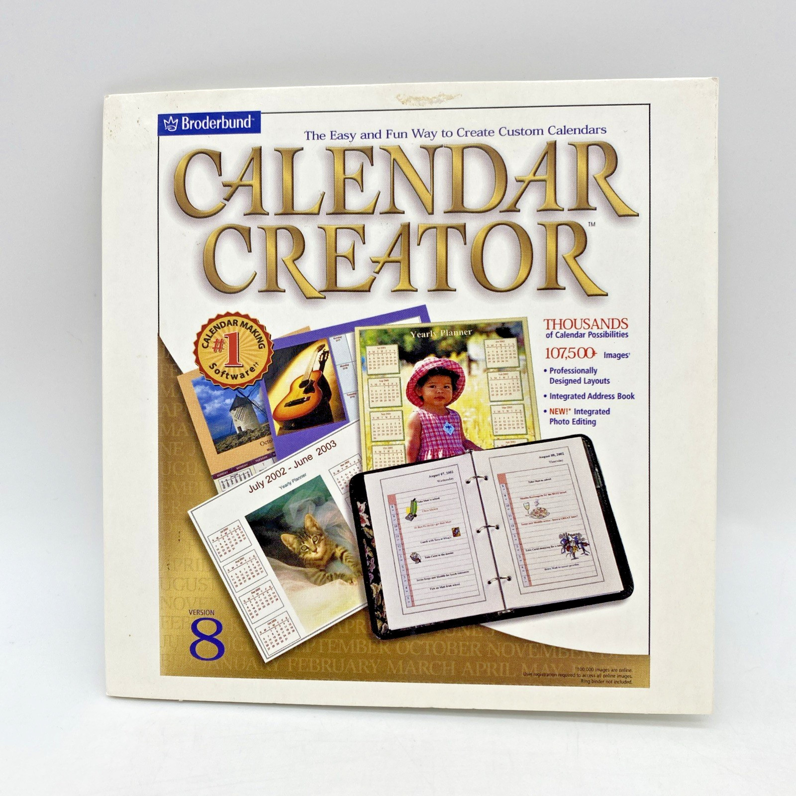 Calendar Creator 8 PC CD-Rom 2001 Broderbund Windows 95/98/2000/Me/XP/NT4